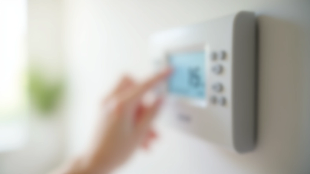 Main réglant thermostat programmable blanc sur mur clair, affichage numérique brillant, température 19 degrés