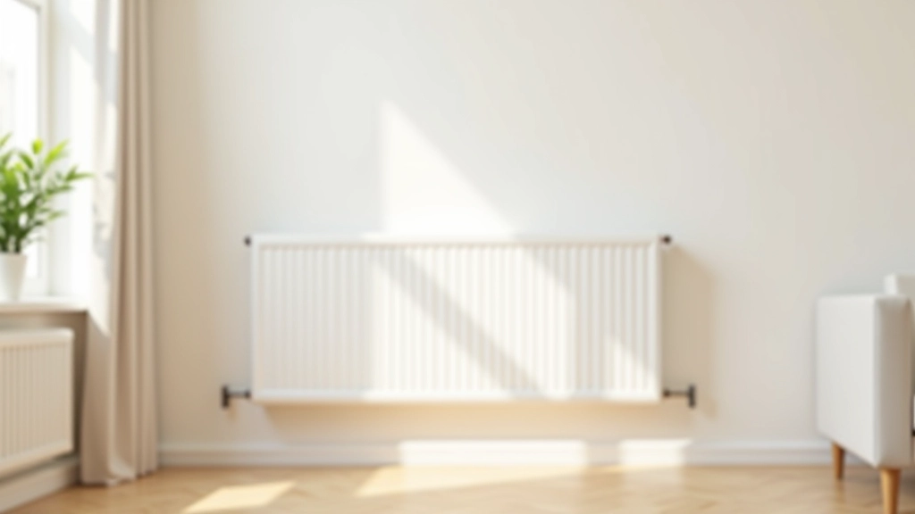 Radiateur blanc sur mur clair dégagé, sans obstruction, circulation d'air visible, intérieur d'un salon moderne